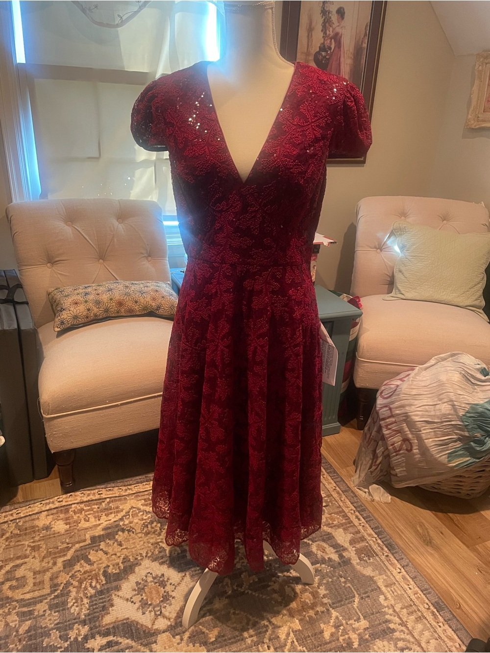 Elegant Burgundy Lace Fit & Flare Dress size L Dress the Population